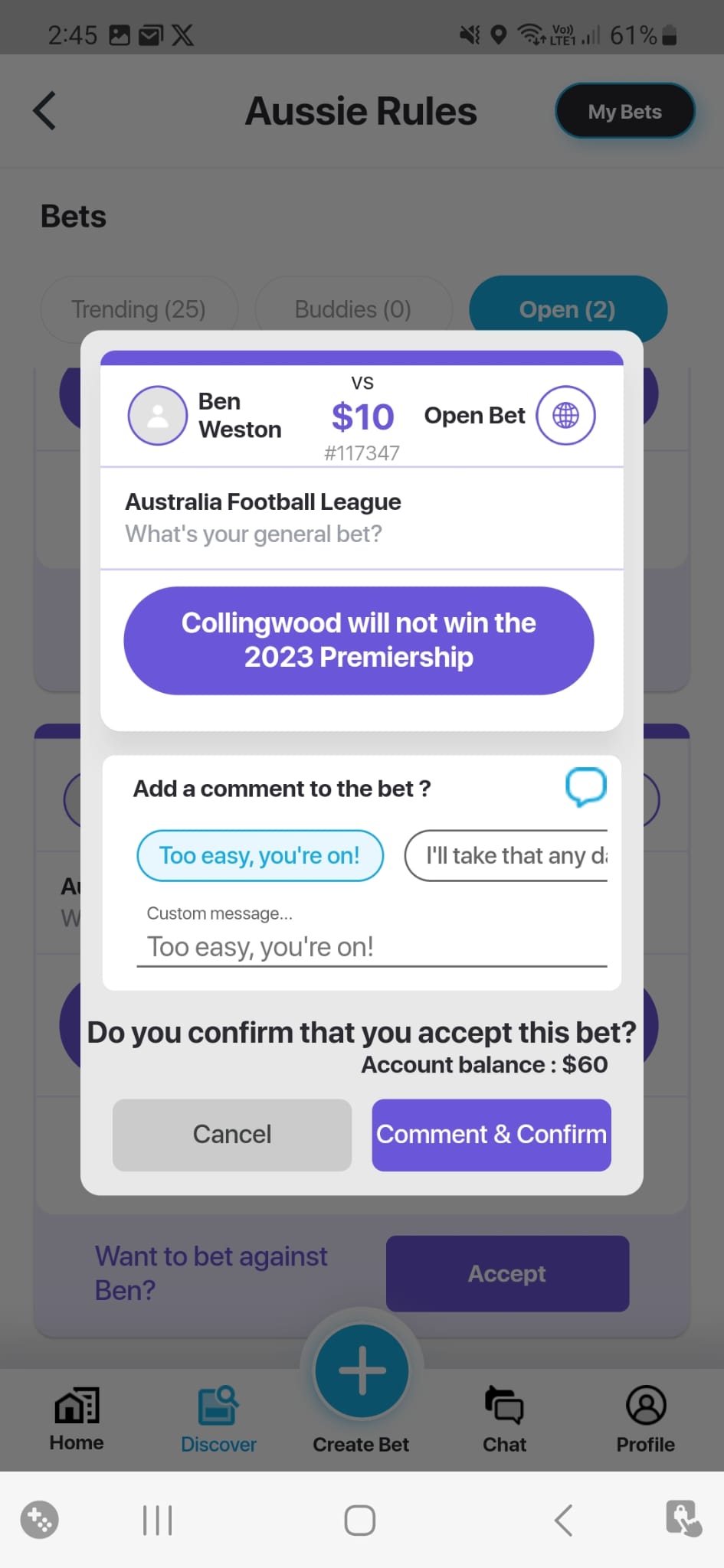 Discover bet placed on Buddybet app