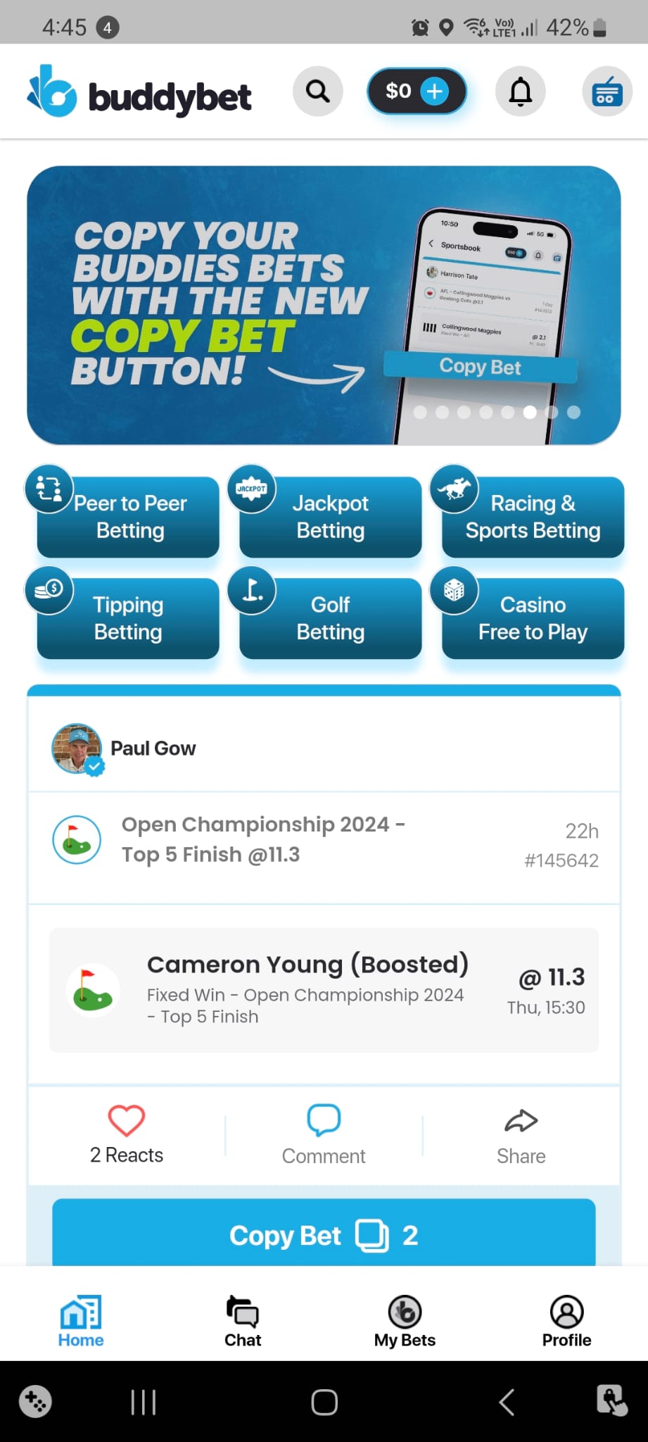 BuddyBet mobile app showing the main betting interface.