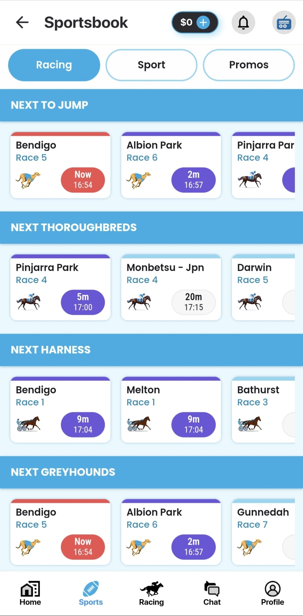 Screenshot of the Racing betting section on BuddyBet.