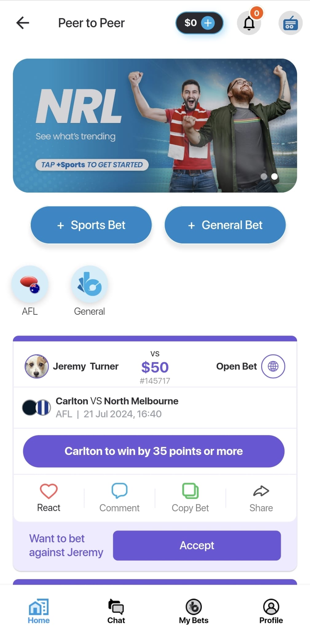 BuddyBet’s peer-to-peer betting feature.